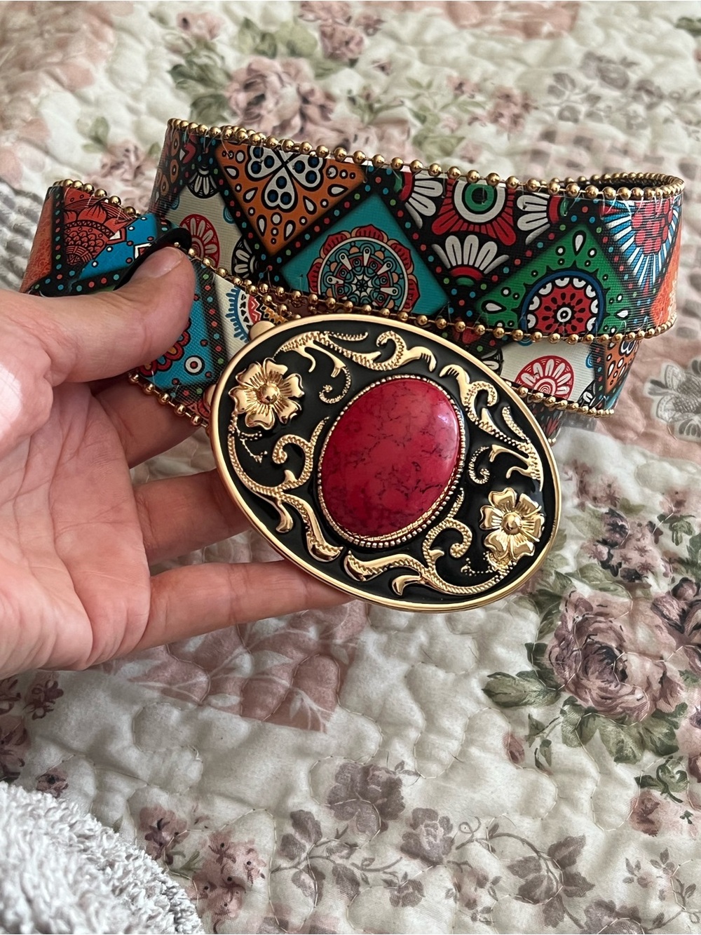 Bohemian Multicolor Belt with Gold Floral Red Stone Buckle